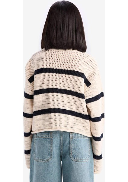 Kız Çocuk Bisiklet Yaka Çizgili Ajurlu Çizgili Triko Kazak D9215A825SP