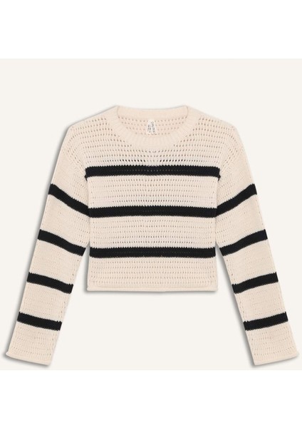 Kız Çocuk Bisiklet Yaka Çizgili Ajurlu Çizgili Triko Kazak D9215A825SP