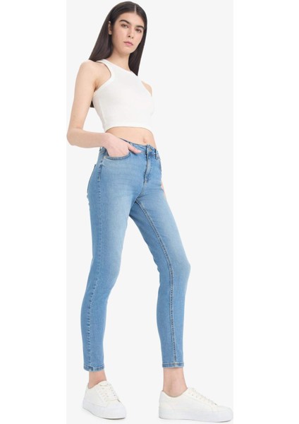 Skinny Fit Yüksek Bel Düz Paça Uzun Jean Taş Yıkama Pantolon D8189AX25SP