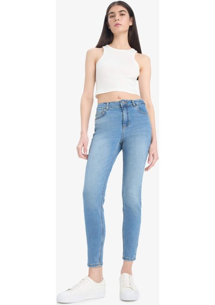 Skinny Fit Yüksek Bel Düz Paça Uzun Jean Taş Yıkama Pantolon D8189AX25SP