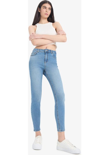 Skinny Fit Yüksek Bel Düz Paça Uzun Jean Taş Yıkama Pantolon D8189AX25SP