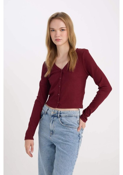 Fitted V Yaka Basic Düz Fitilli Kaşkorse Hırka D9619AX24WN