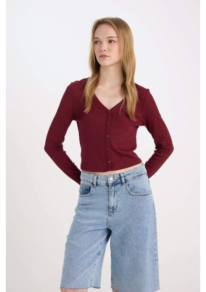 Fitted V Yaka Basic Düz Fitilli Kaşkorse Hırka D9619AX24WN