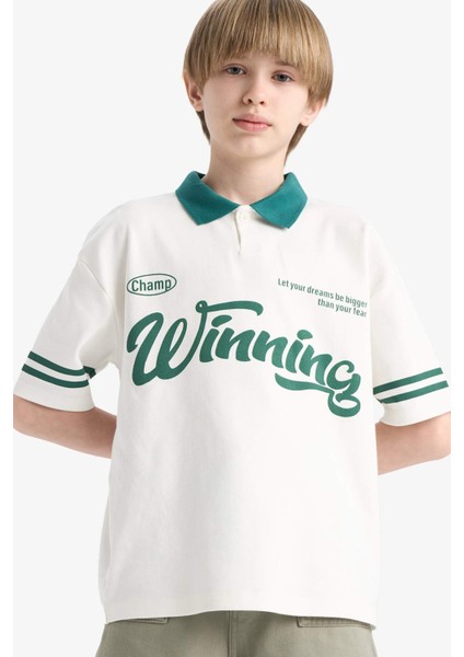 Erkek Çocuk Oversize Geniş Kalıp Polo Yaka Baskılı Kısa Kollu Tişört