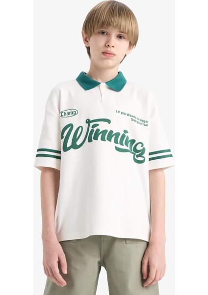 Erkek Çocuk Oversize Geniş Kalıp Polo Yaka Baskılı Kısa Kollu Tişört