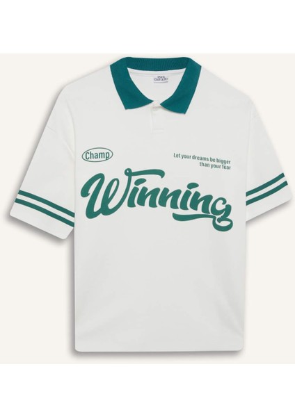 Erkek Çocuk Oversize Geniş Kalıp Polo Yaka Baskılı Kısa Kollu Tişört