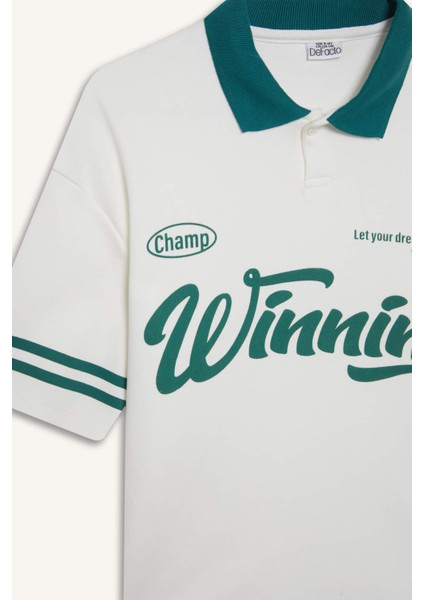 Erkek Çocuk Oversize Geniş Kalıp Polo Yaka Baskılı Kısa Kollu Tişört