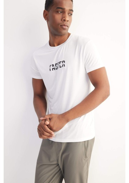 Esnek Kumaş Slim Fit Dar Kesim Bisiklet Yaka Baskılı Sporcu Kısa Kollu Tişört D7811AX25SP