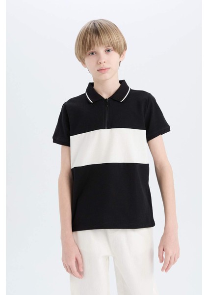 Erkek Çocuk Polo Yaka Renk Bloklu Pike Kısa Kollu Tişört D9415A825SM
