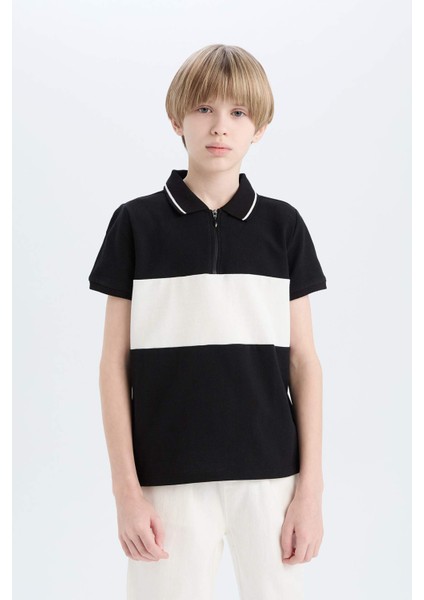 Erkek Çocuk Polo Yaka Renk Bloklu Pike Kısa Kollu Tişört D9415A825SM