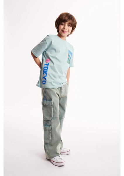 Erkek Çocuk Beli Lastikli Kargo Cepli Düz Paça Jean Pantolon D7088A825SP
