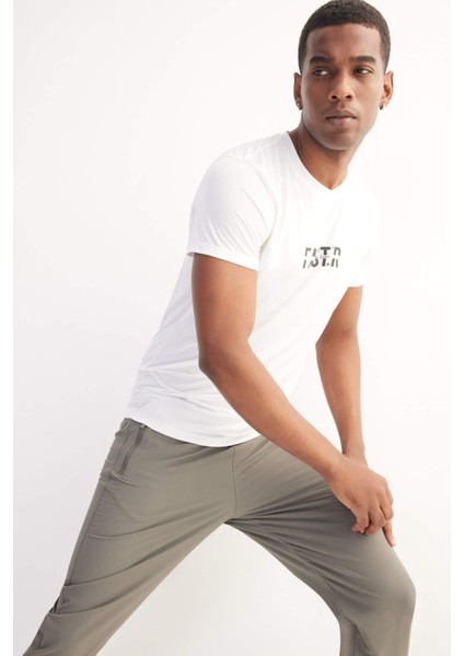 Fit Esnek Kumaş Slim Fit Dar Kesim Bisiklet Yaka Baskılı Sporcu Kısa Kollu Tişört D7811AX25SP