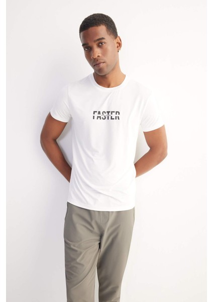 Fit Esnek Kumaş Slim Fit Dar Kesim Bisiklet Yaka Baskılı Sporcu Kısa Kollu Tişört D7811AX25SP