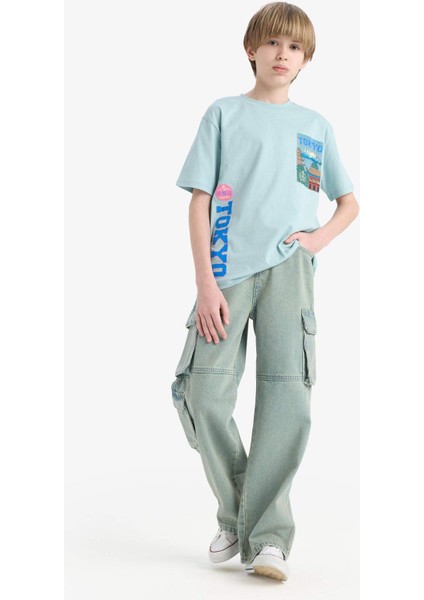Erkek Çocuk Beli Lastikli Kargo Cepli Düz Paça Jean Pantolon D7088A825SP