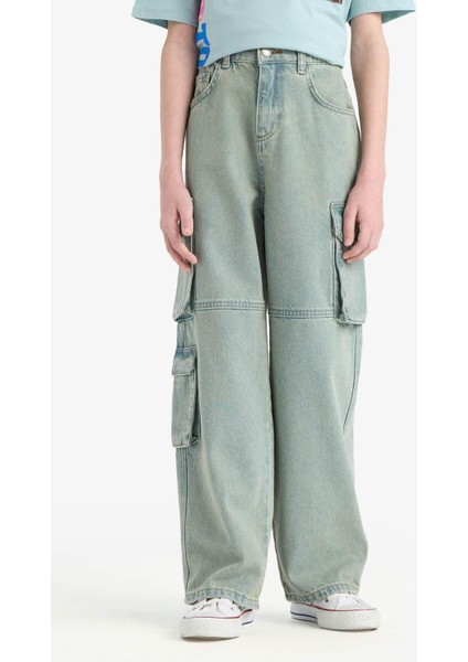 Erkek Çocuk Beli Lastikli Kargo Cepli Düz Paça Jean Pantolon D7088A825SP