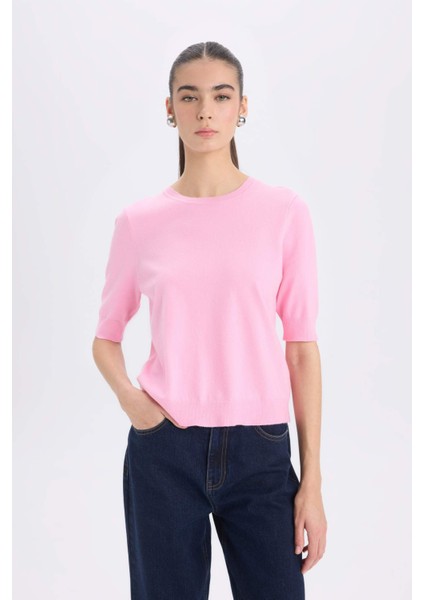 Regular Fit Bisiklet Yaka Basic Düz Kısa Kollu Triko Kazak D6272AX25SM