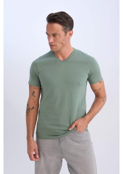 %100 Pamuk Regular Fit V Yaka Pamuklu Basic Düz Kısa Kollu Tişört D7938AX25SP