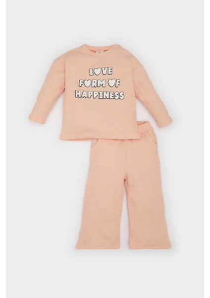 Kız Bebek 2'li Takım Waffle Baskılı Sweatshirt Beli Lastikli Eşofman Altı E0202A525SP