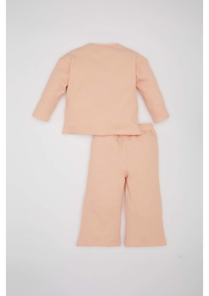 Kız Bebek 2'li Takım Waffle Baskılı Sweatshirt Beli Lastikli Eşofman Altı E0202A525SP