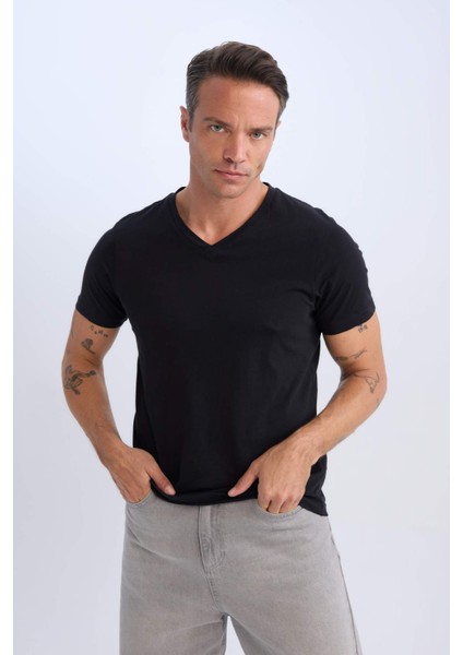 %100 Pamuk Regular Fit V Yaka Pamuklu Basic Düz Kısa Kollu Siyah Tişört D7938AX25SP