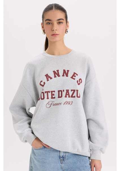 Oversize Geniş Kalıp Bisiklet Yaka Baskılı Kalın Sweatshirt D9803AX24WN