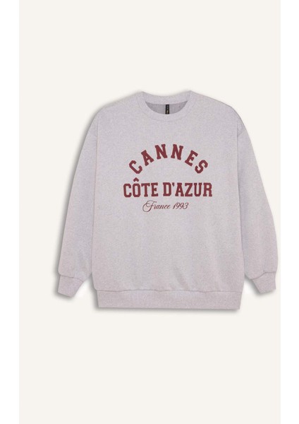 Oversize Geniş Kalıp Bisiklet Yaka Baskılı Kalın Sweatshirt D9803AX24WN