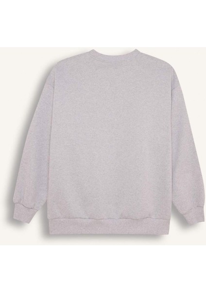 Oversize Geniş Kalıp Bisiklet Yaka Baskılı Kalın Sweatshirt D9803AX24WN