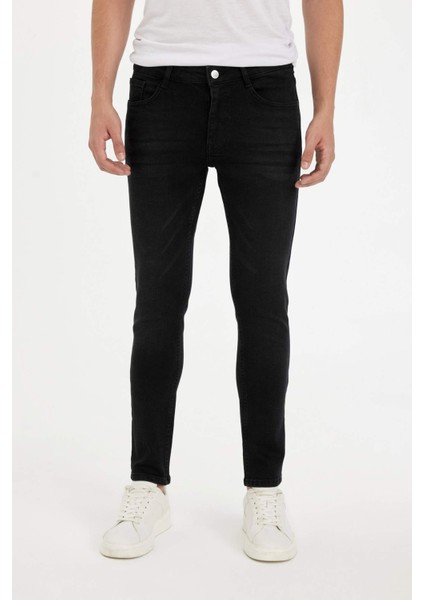%100 Pamuk Carlo Skinny Fit Ekstra Dar Kalıp Normal Bel Ekstra Dar Paça Siyah Jean Pantolon E0181AX24AU