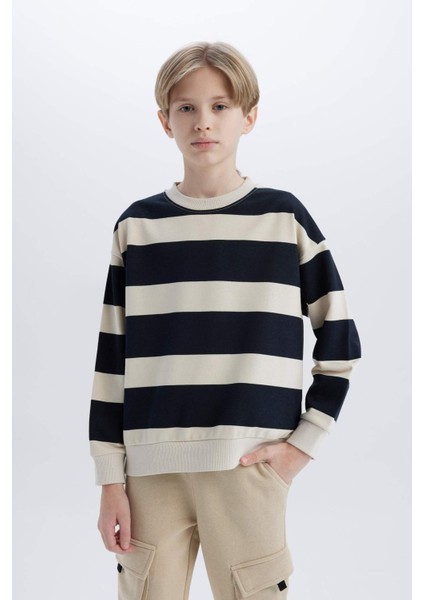 Erkek Çocuk Oversize Geniş Kalıp Bisiklet Yaka Çizgili Sweatshirt D7401A825SP