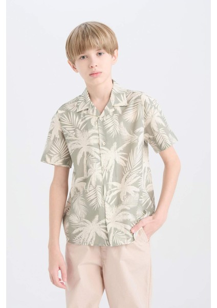 Erkek Çocuk Oversize Geniş Kalıp Polo Yaka Palmiye Desenli Kısa Kollu Gömlek D7780A825SM