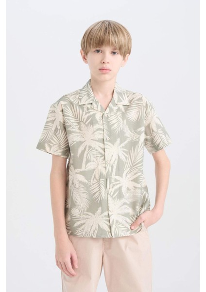 Erkek Çocuk Oversize Geniş Kalıp Polo Yaka Palmiye Desenli Kısa Kollu Gömlek D7780A825SM