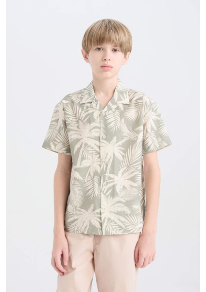 Erkek Çocuk Oversize Geniş Kalıp Polo Yaka Palmiye Desenli Kısa Kollu Gömlek D7780A825SM
