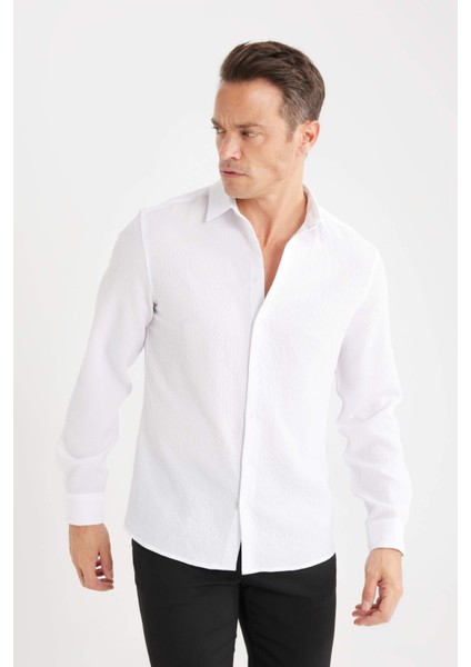 Modern Fit Polo Yaka Dokulu Esnek Kumaş Uzun Kollu Gömlek D7246AX25SP