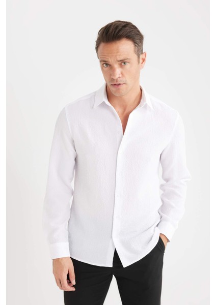 Modern Fit Polo Yaka Dokulu Esnek Kumaş Uzun Kollu Gömlek D7246AX25SP