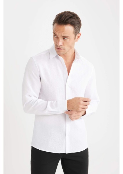 Modern Fit Polo Yaka Dokulu Esnek Kumaş Uzun Kollu Gömlek D7246AX25SP