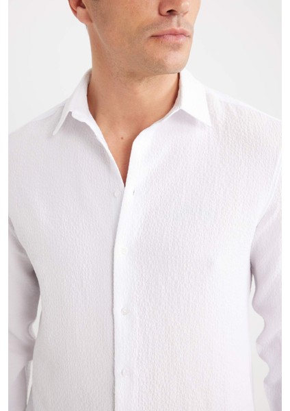 Modern Fit Polo Yaka Dokulu Esnek Kumaş Uzun Kollu Gömlek D7246AX25SP