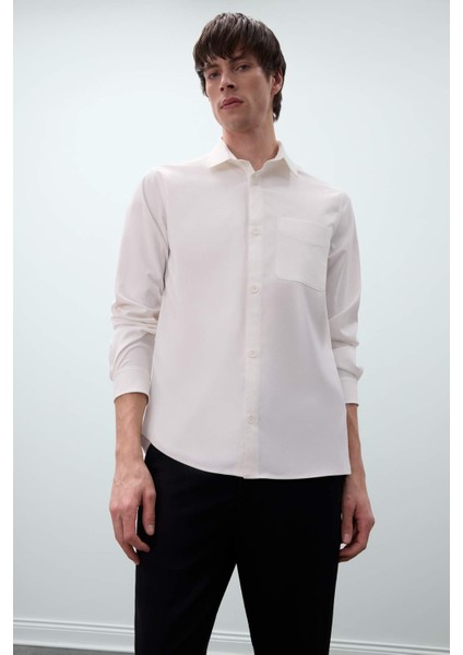 Regular Fit Polo Yaka Basic Düz Gofre Uzun Kollu Beyaz Gömlek D8713AX25SP