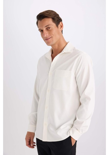 Regular Fit Polo Yaka Basic Düz Gofre Uzun Kollu Beyaz Gömlek D8713AX25SP