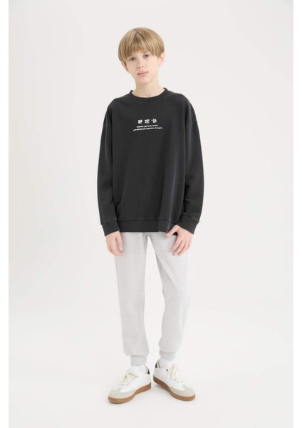 Erkek Çocuk Oversize Geniş Kalıp Bisiklet Yaka Sırt Baskılı Yıkamalı Soluk Efektli Sweatshirt D8494A825SP