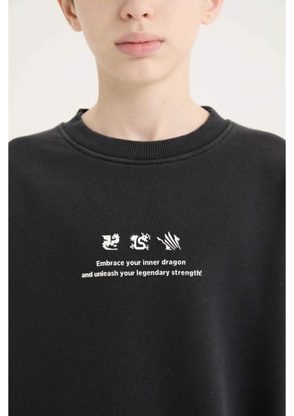 Erkek Çocuk Oversize Geniş Kalıp Bisiklet Yaka Sırt Baskılı Yıkamalı Soluk Efektli Sweatshirt D8494A825SP