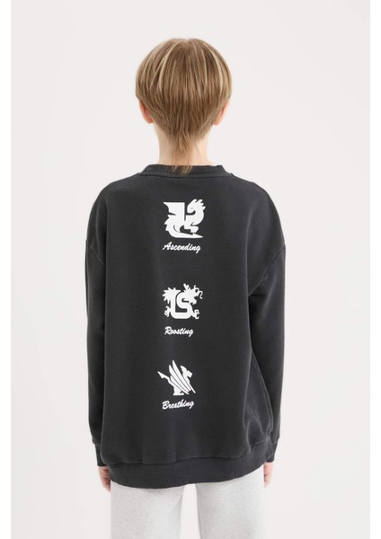 Erkek Çocuk Oversize Geniş Kalıp Bisiklet Yaka Sırt Baskılı Yıkamalı Soluk Efektli Sweatshirt D8494A825SP