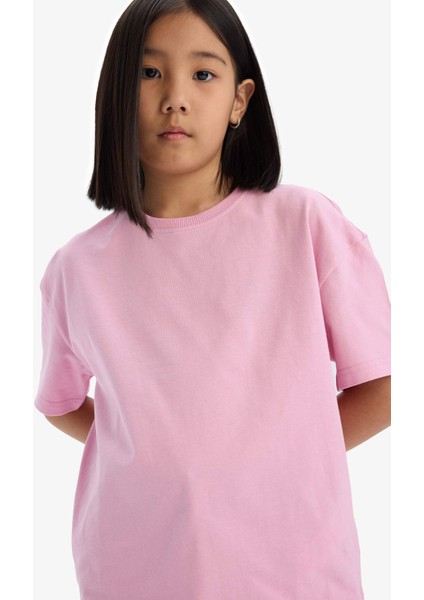 Kız Çocuk Relax Fit Bisiklet Yaka Basic Düz Kısa Kollu Tişört D9099A825SM