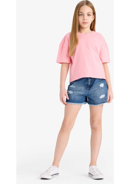 Kız Çocuk Relax Fit Bisiklet Yaka Basic Düz Kısa Kollu Tişört Z5095A625SM