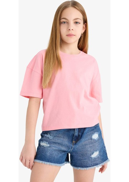 Kız Çocuk Relax Fit Bisiklet Yaka Basic Düz Kısa Kollu Tişört Z5095A625SM