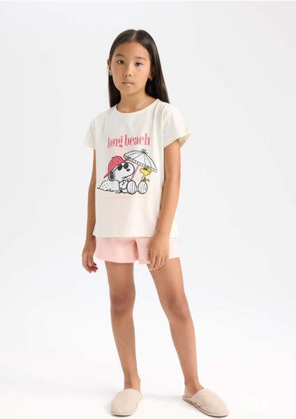 Kız Çocuk Snoopy Pijama Takımı Kısa Kollu Üst Beli Lastikli Kısa Şort D9831A824WN