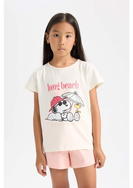 Kız Çocuk Snoopy Pijama Takımı Kısa Kollu Üst Beli Lastikli Kısa Şort D9831A824WN
