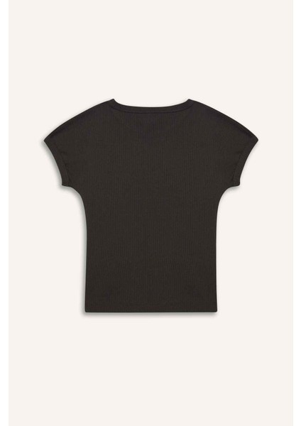 Kız Çocuk Slim Fit Dar Kesim Bisiklet Yaka Basic Düz Fitilli Kaşkorse Kısa Kollu Tişört B3053A825SM