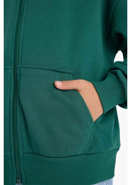 Kız Çocuk Kapüşonlu Basic Düz Cepli Okul Fermuarlı Sweatshirt D9079A825SP