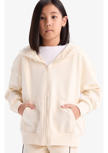 Kız Çocuk Kapüşonlu Basic Düz Cepli Okul Fermuarlı Sweatshirt D9079A825SP