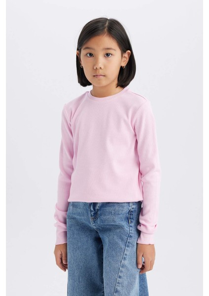 Kız Çocuk Slim Fit Dar Kesim Bisiklet Yaka Ribana Uzun Kollu Basic Düz Okul Tişörtü B7452A825SP